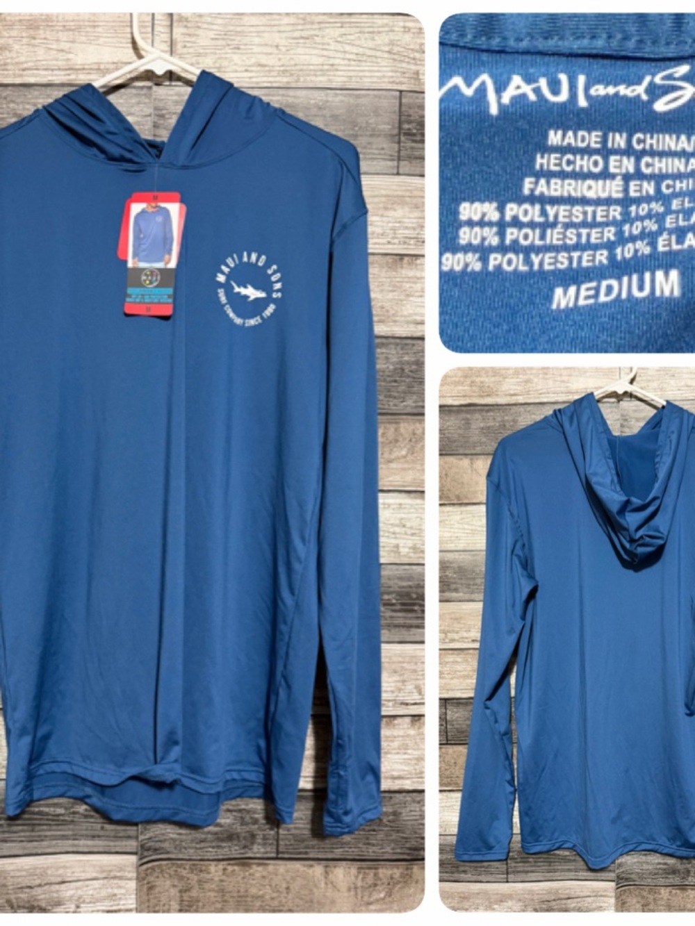 Maui & Sons Men's M Logo Lightweight Performance Hoodie Shirt Blue Upf 30+